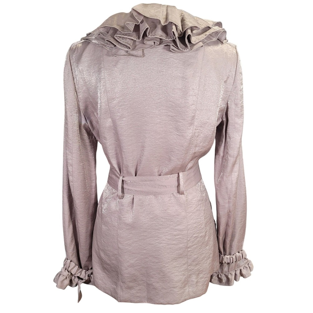 Vintage Y2K UBU Shimmer Ruffle Collar Jacket‎ Leopard Lining Silver Travel M - Picture 5 of 9